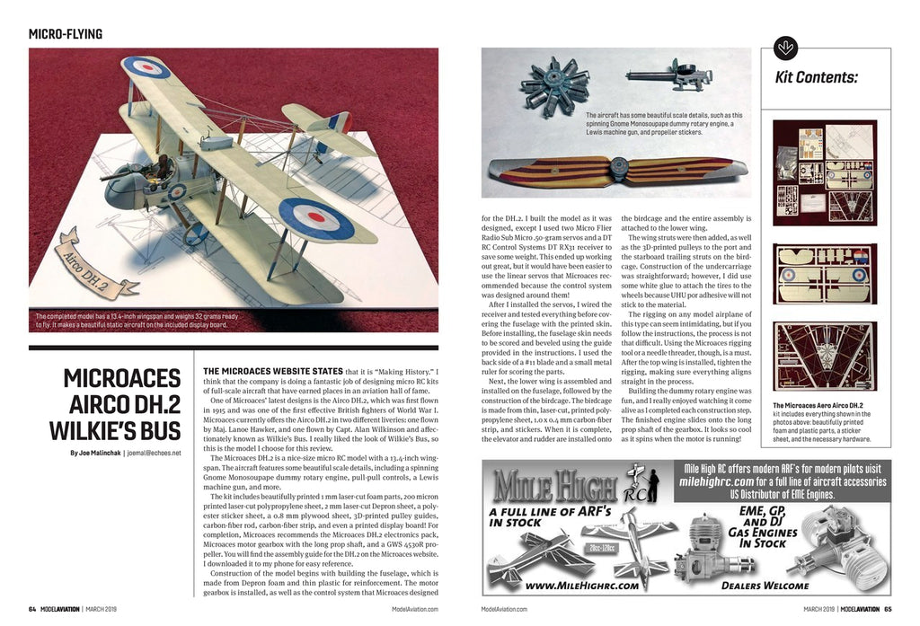 Model Aviation March 2019 - review of Microaces DH2 kit